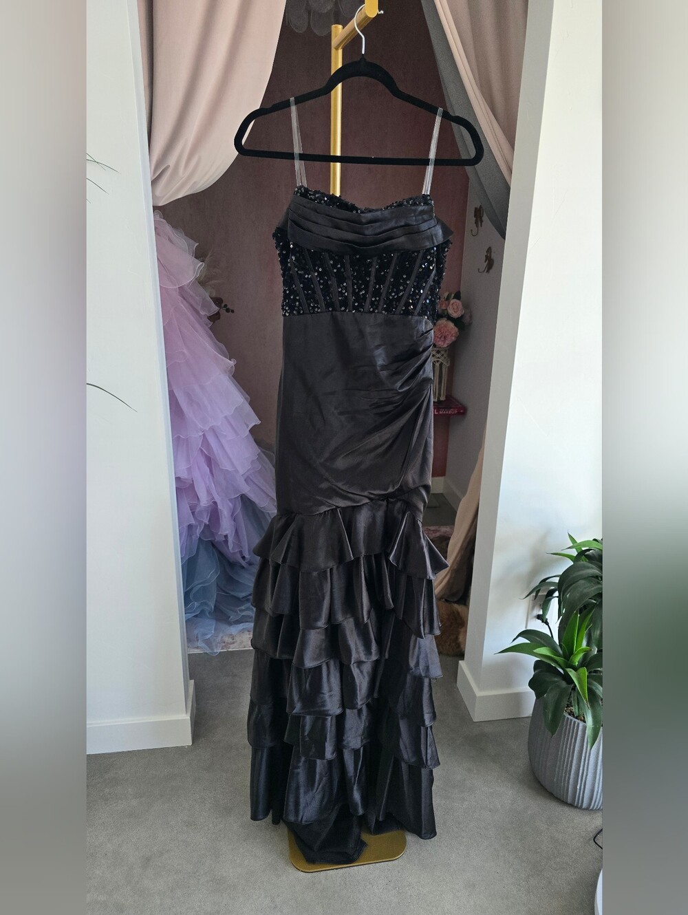 Black Beaded Ruffle Evening Gown - Brand